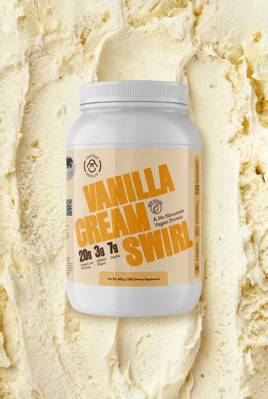 Vanilla Cream Swirl protein tub against a vanilla ice cream background